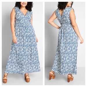 ModCloth Blue Floral Feeling Serene V-Neck Maxi Dress